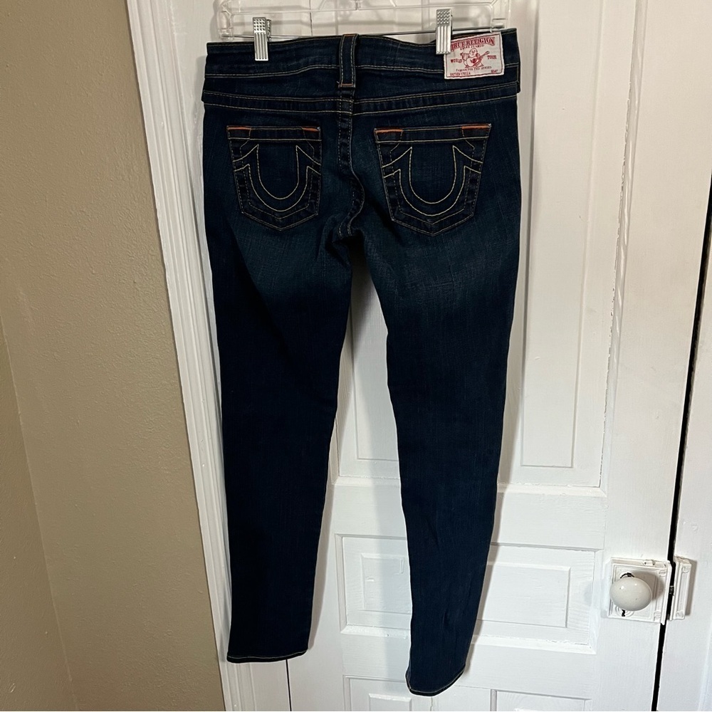 True Religion Stella Skinny Jeans Dark Wash Orange Embroidered Size 28 Q2 - Picture 7 of 10
